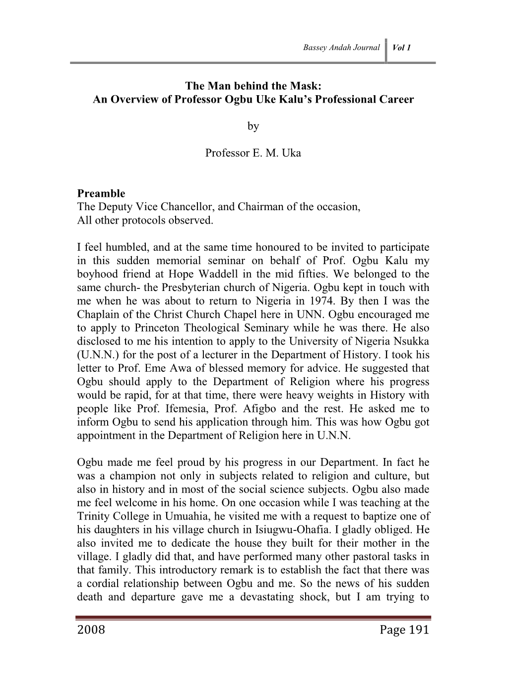 An Overview of Professor Ogbu Uke Kalu's Professional Career