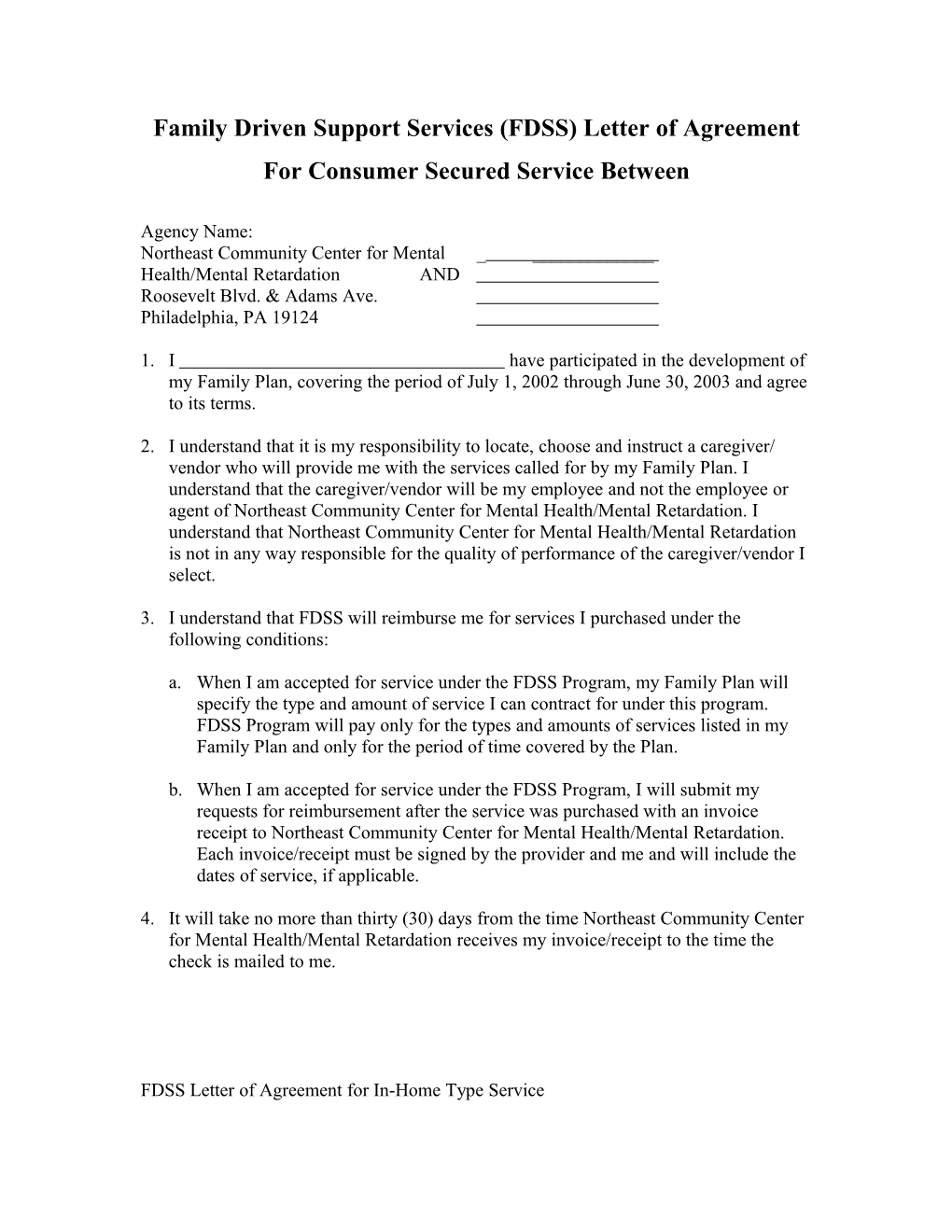 Family Driven Support Services (FDSS) Letter of Agreement