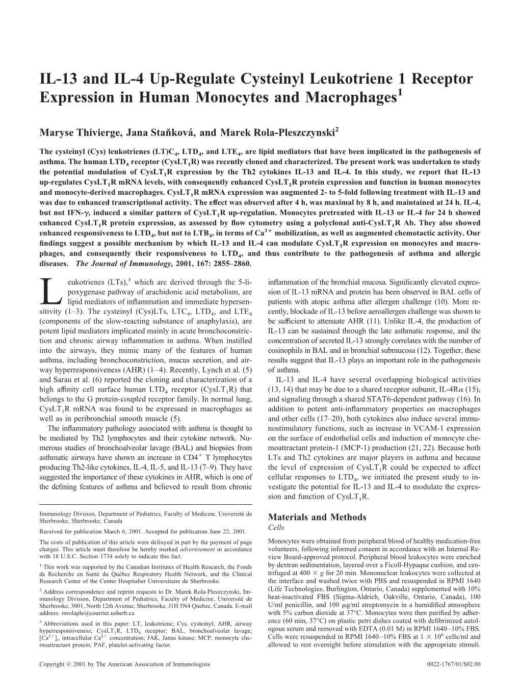 Monocytes and Macrophages Human Leukotriene 1 Receptor Expression