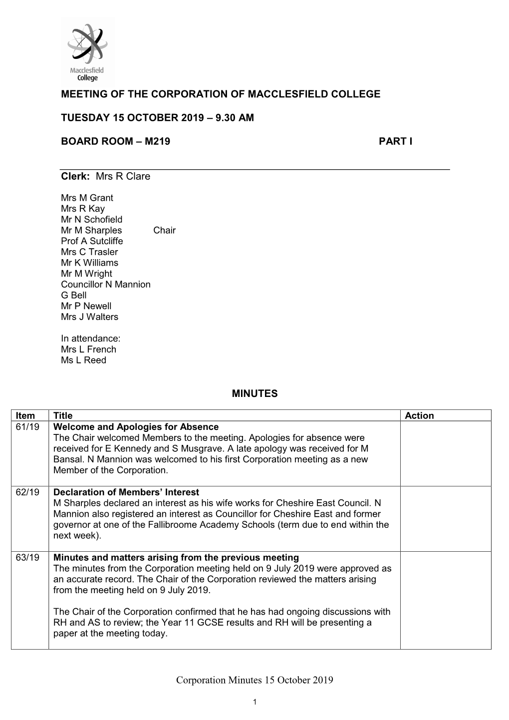 Corporation Minutes 15 October 2019 MEETING