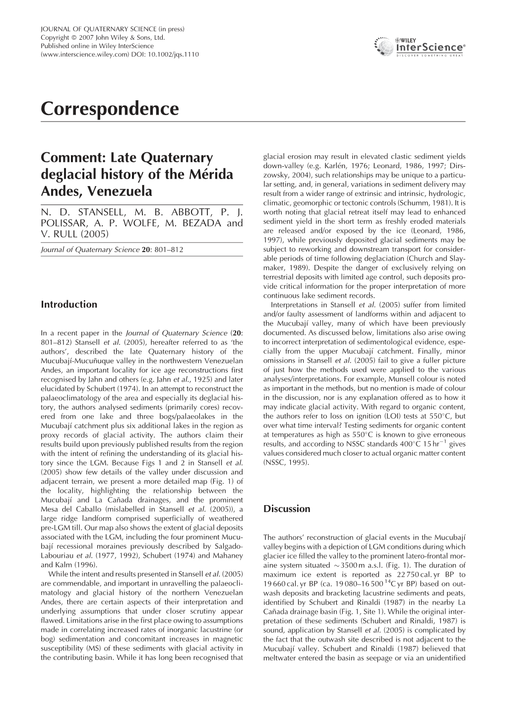 Late Quaternary Deglacial History of the Mérida Andes, Venezuela. ND