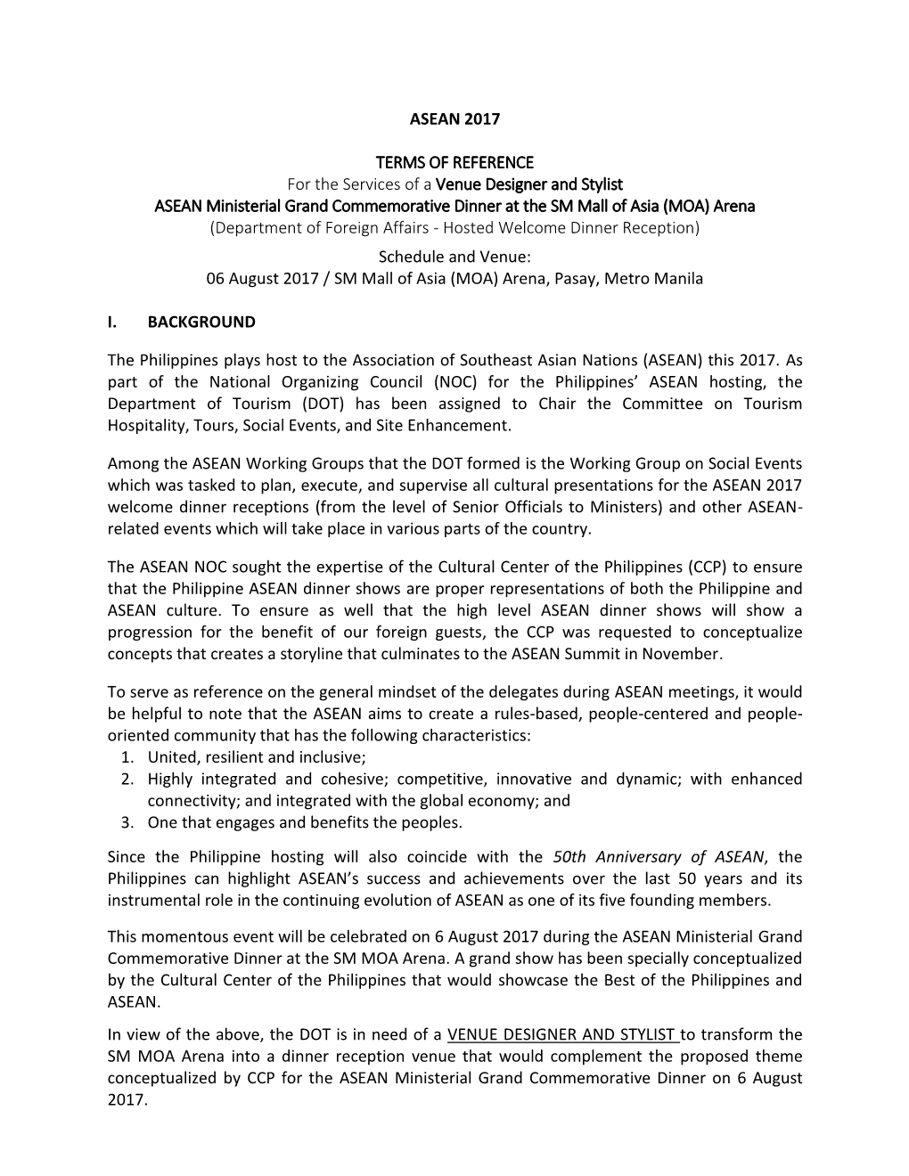 ASEAN 2017 TERMS of REFERENCE for the Services of A
