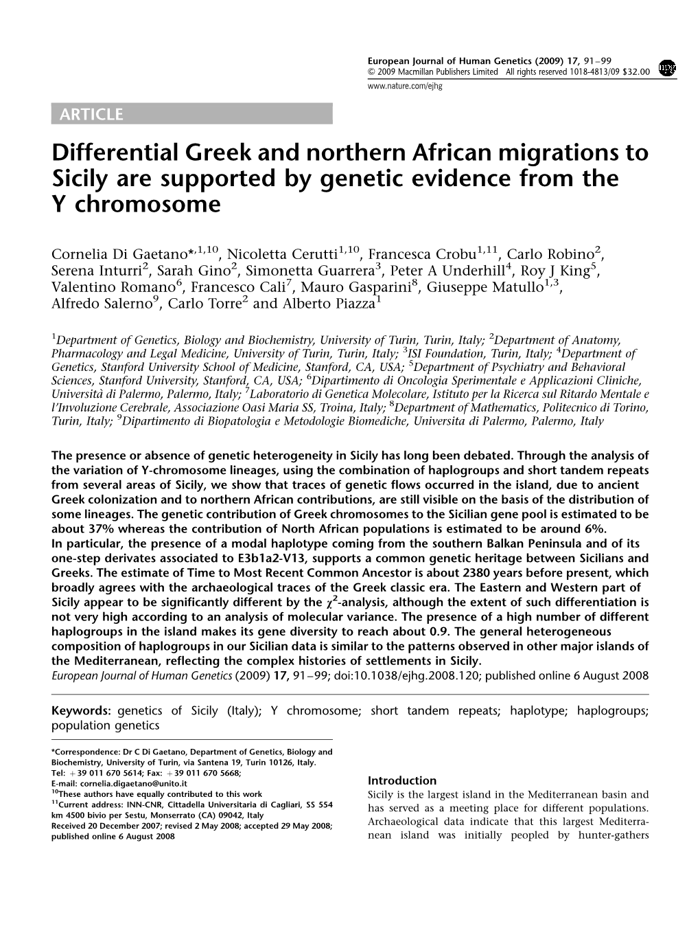 Differential Greek and Northern African Migrations to Sicily Are Supported by Genetic Evidence from the Y Chromosome