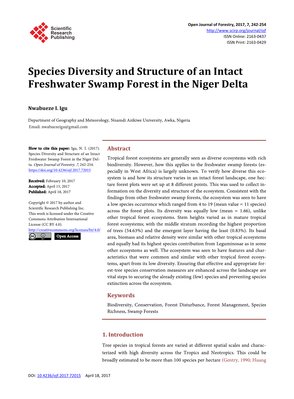 Species Diversity and Structure of an Intact Freshwater Swamp Forest in the Niger Delta