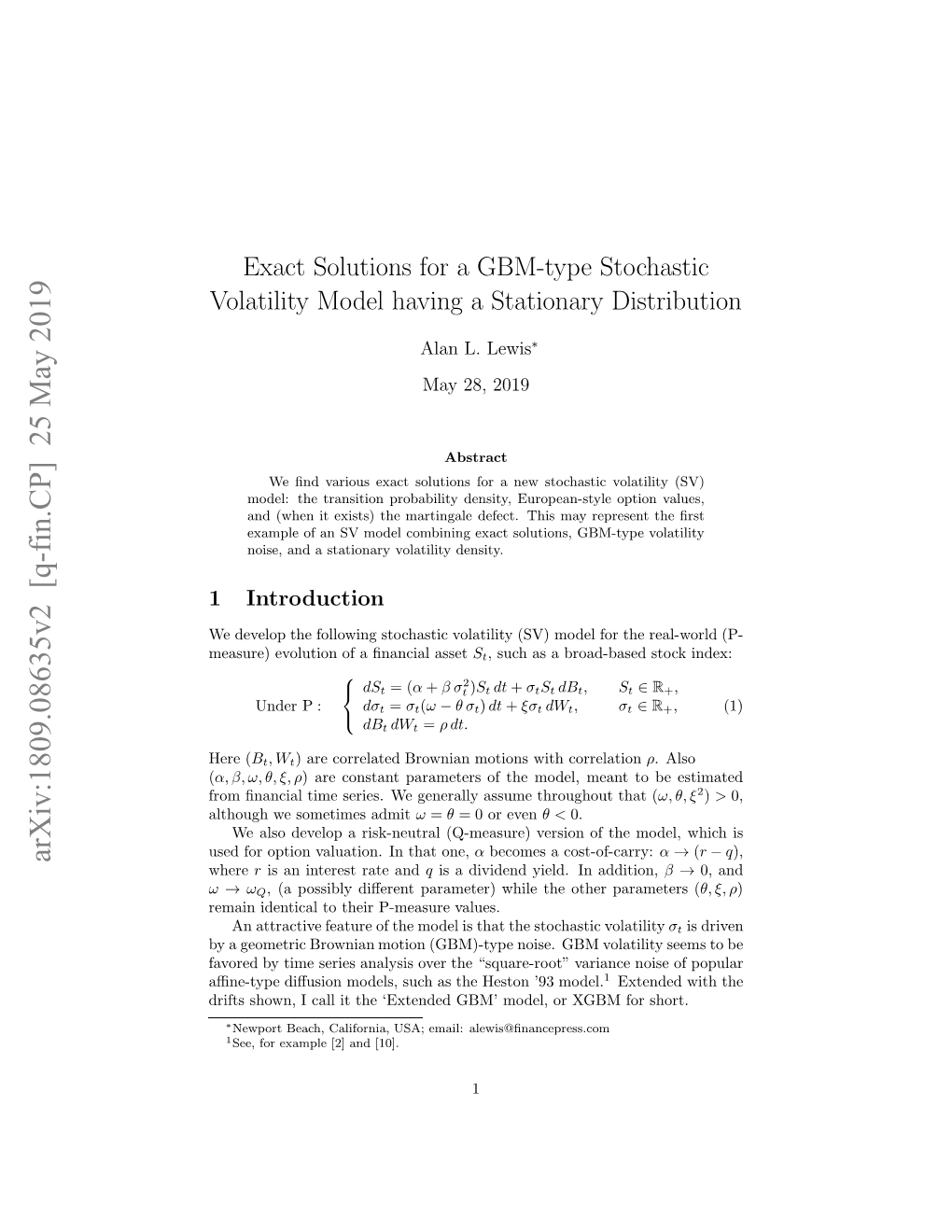 Exact Solutions for a GBM-Type Stochastic Volatility Model