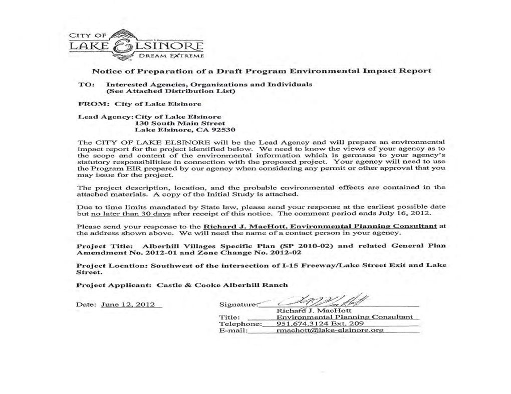 Alberhill Villages Specific Plan Sp 2010-02, Gpa 2012-01, Zc 2012-02 Initial