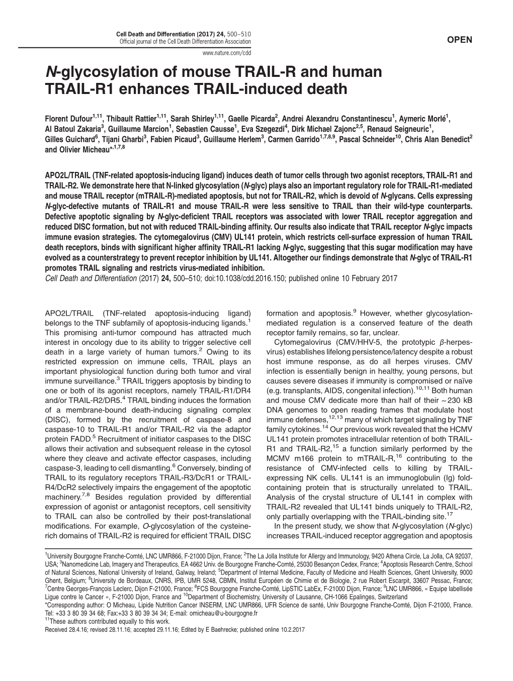 N-Glycosylation of Mouse TRAIL-R and Human TRAIL-R1 Enhances TRAIL-Induced Death