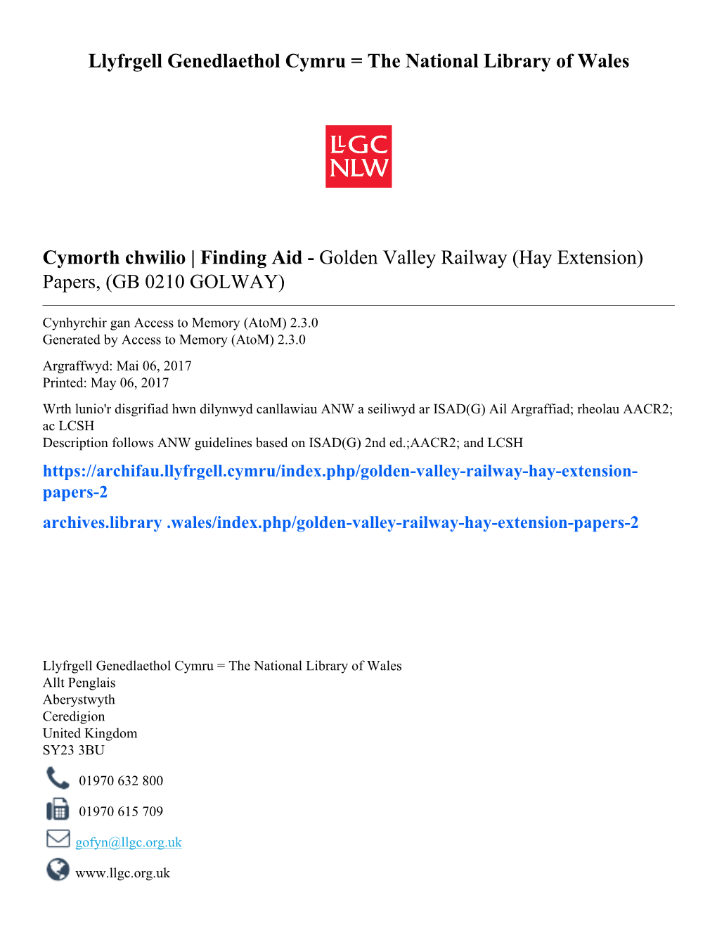 Golden Valley Railway (Hay Extension) Papers, (GB 0210 GOLWAY)