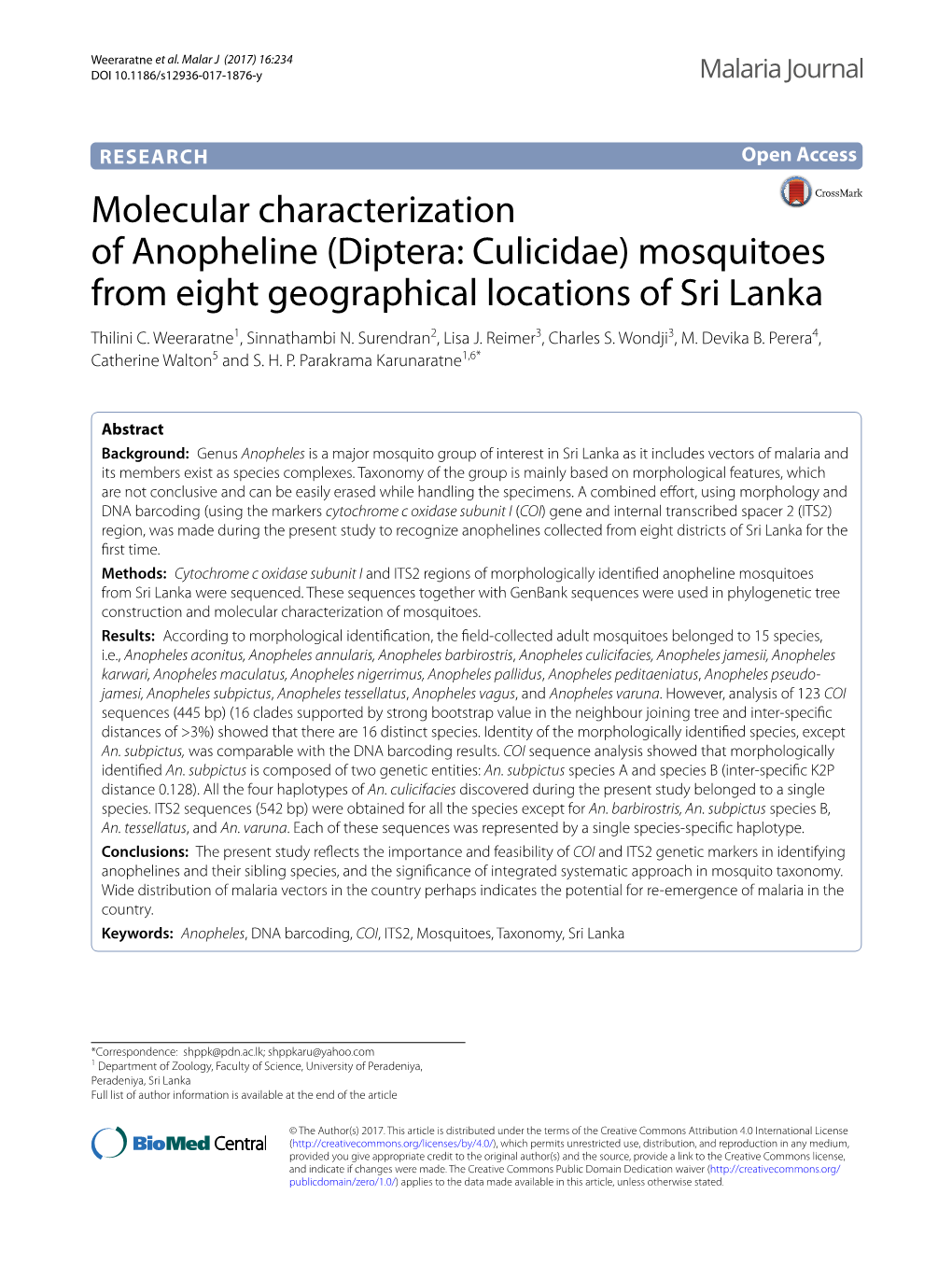 Mosquitoes from Eight Geographical Locations of Sri Lanka Thilini C