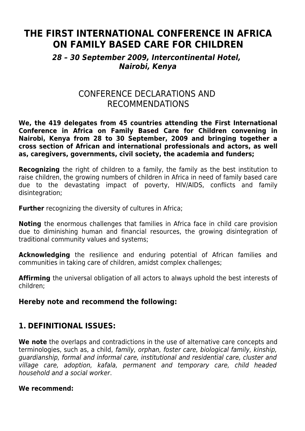 List of Countries Represented at the First International Conference in Africa on Family