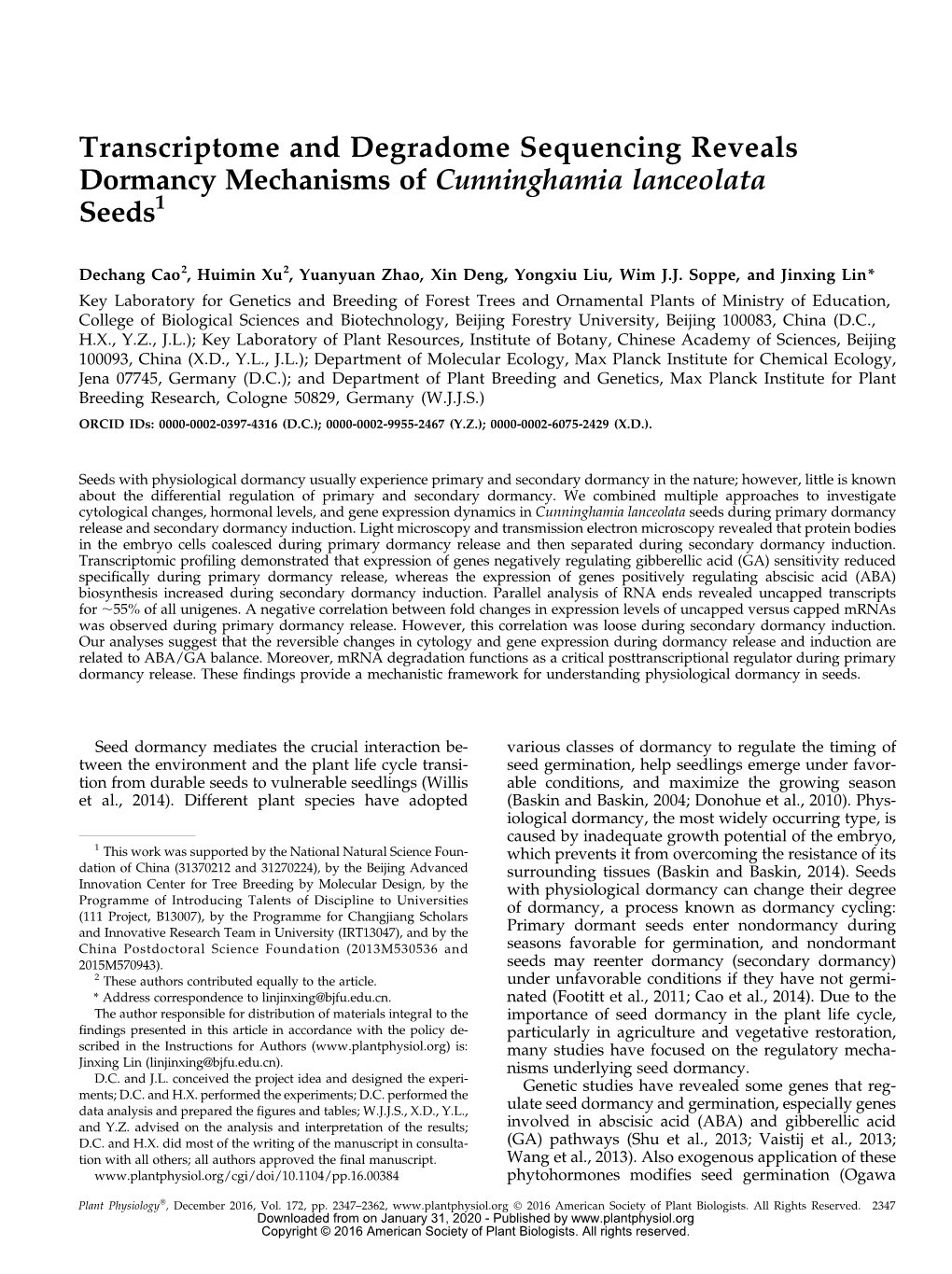 Transcriptome and Degradome Sequencing Reveals Dormancy Mechanisms of Cunninghamia Lanceolata Seeds1