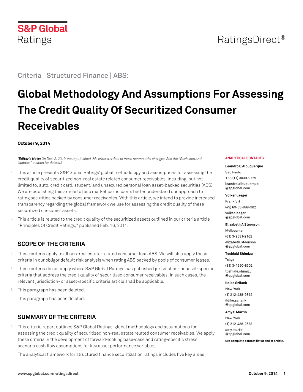 Global Methodology and Assumptions for Assessing the Credit Quality of Securitized Consumer Receivables Global Methodology and A