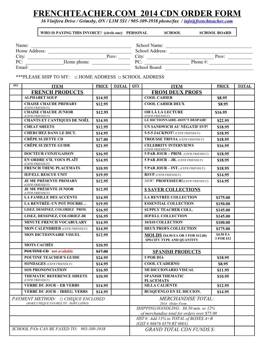 Frenchteacher.Com 2014 Cdn Order Form