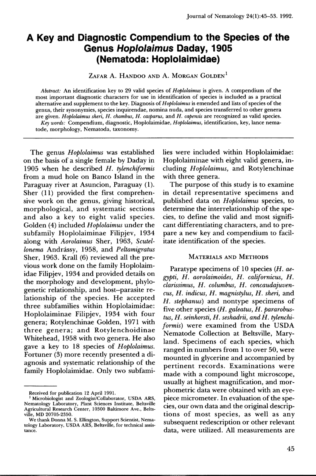 A Key and Diagnostic Compendium to the Species of the Genus Hoplolaimus Daday, 1905 (Nematoda: Hoplolaimidae)