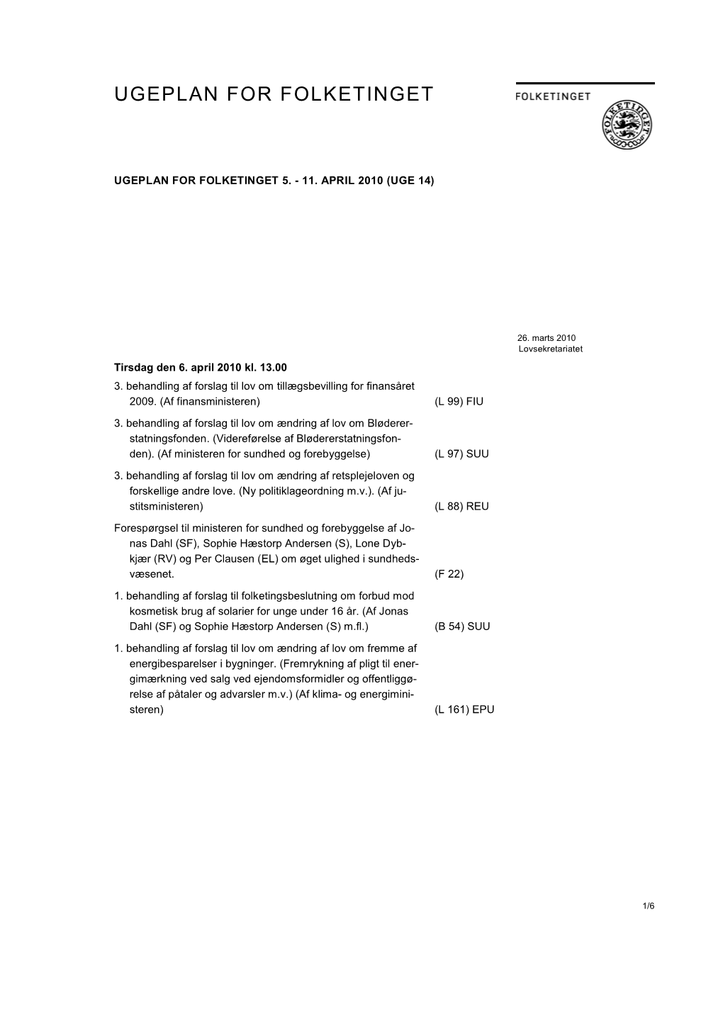 Ugeplan for Folketinget