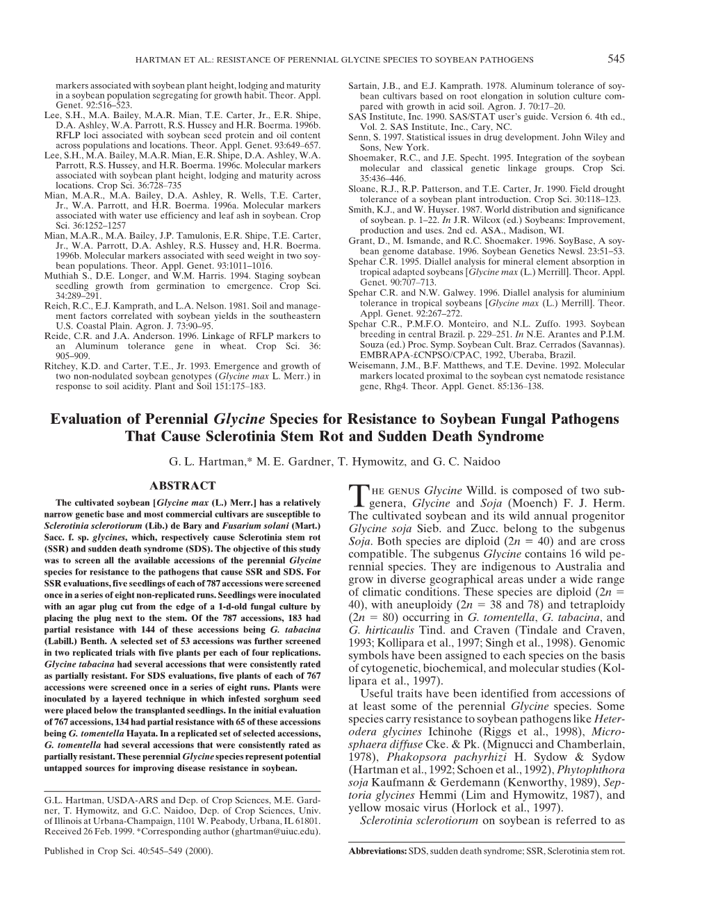 Evaluation of Perennial Glycine Species for Resistance to Soybean Fungal Pathogens That Cause Sclerotinia Stem Rot and Sudden Death Syndrome