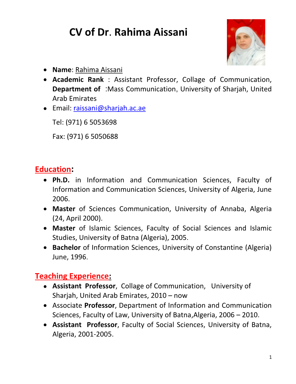 CV of Dr. Rahima Aissani