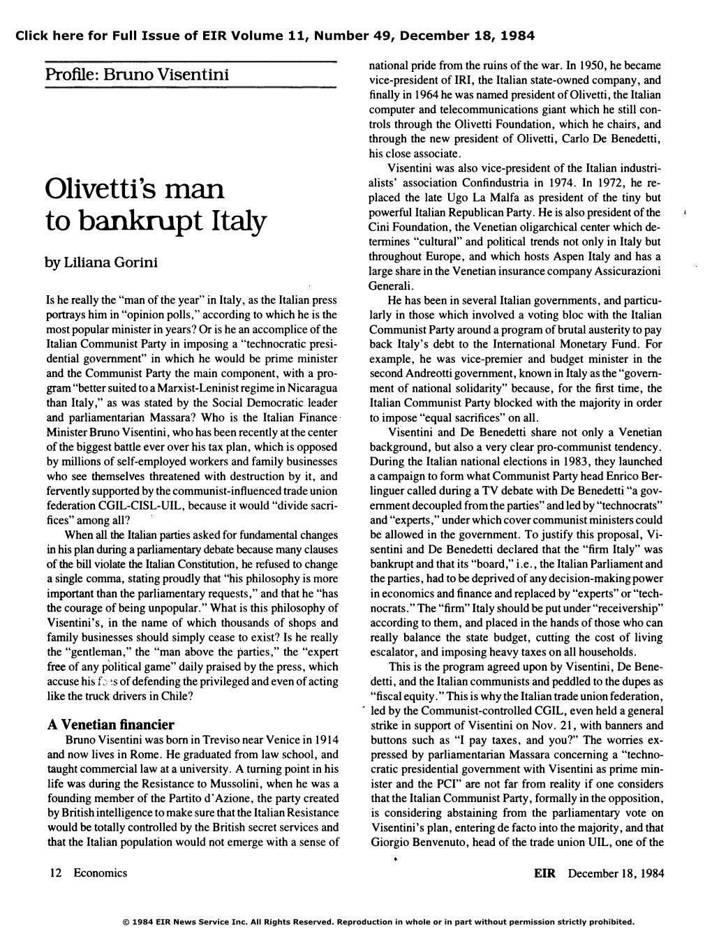 Olivetti's Man to Bankrupt Italy