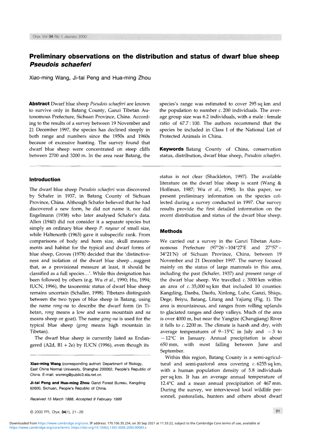 Preliminary Observations on the Distribution and Status of Dwarf Blue Sheep Pseudois Schaeferi