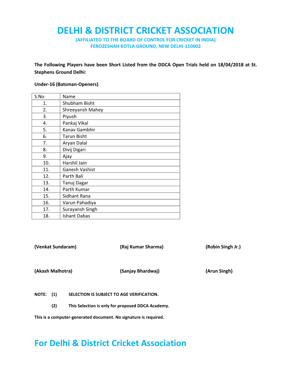 List of Players Selected for the Ddca Academy in the Trials Held on 18Th April 2018