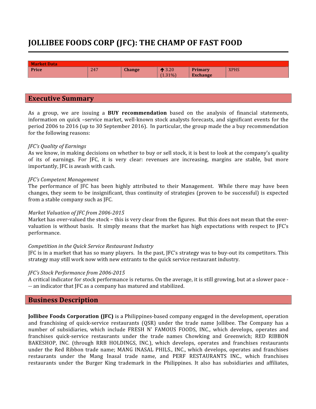 Jollibee Foods Corp (Jfc): the Champ of Fast Food