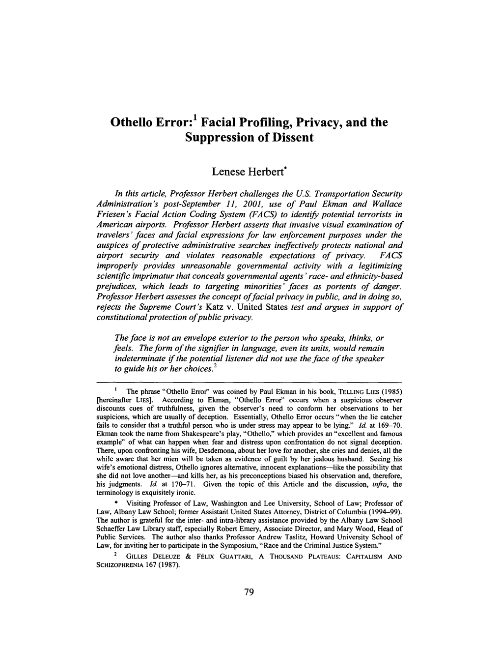 Othello Error:' Facial Profiling, Privacy, and the Suppression of Dissent