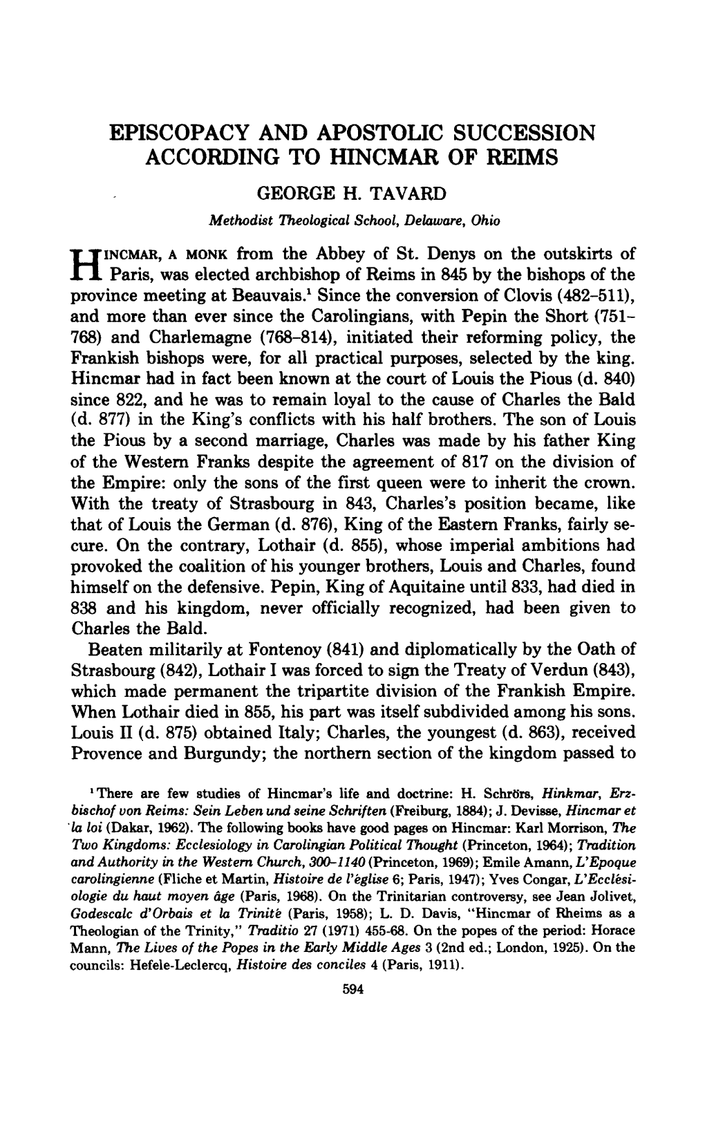 Episcopacy and Apostolic Succession According to Hincmar of Reims George H