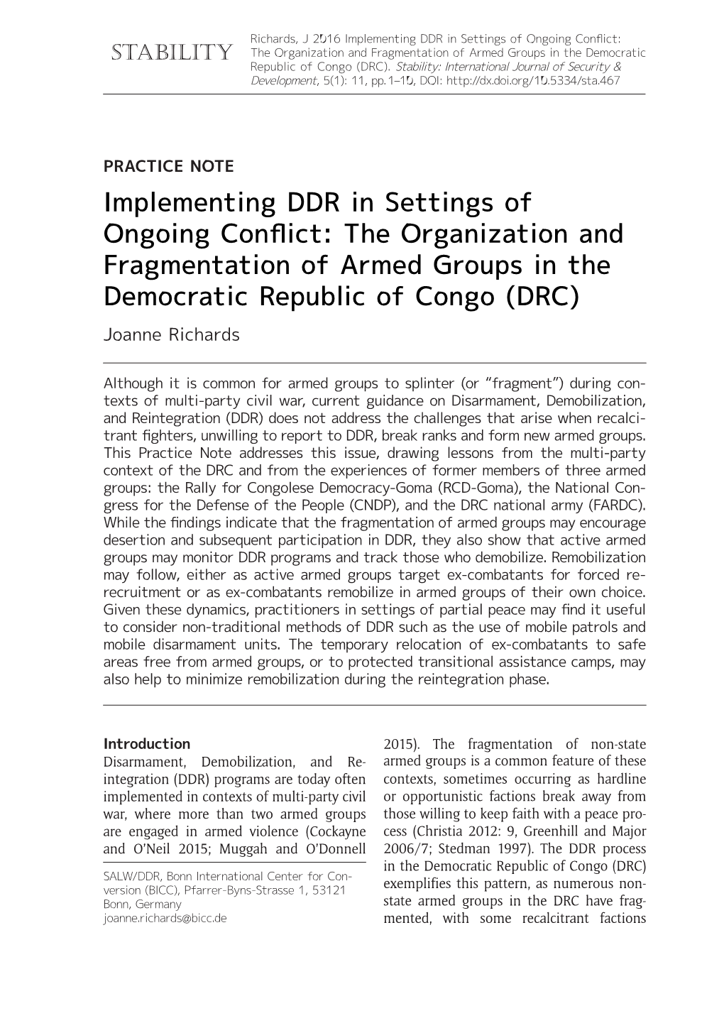 The Organization and Fragmentation of Armed Groups in the Democratic Republic of Congo (DRC)