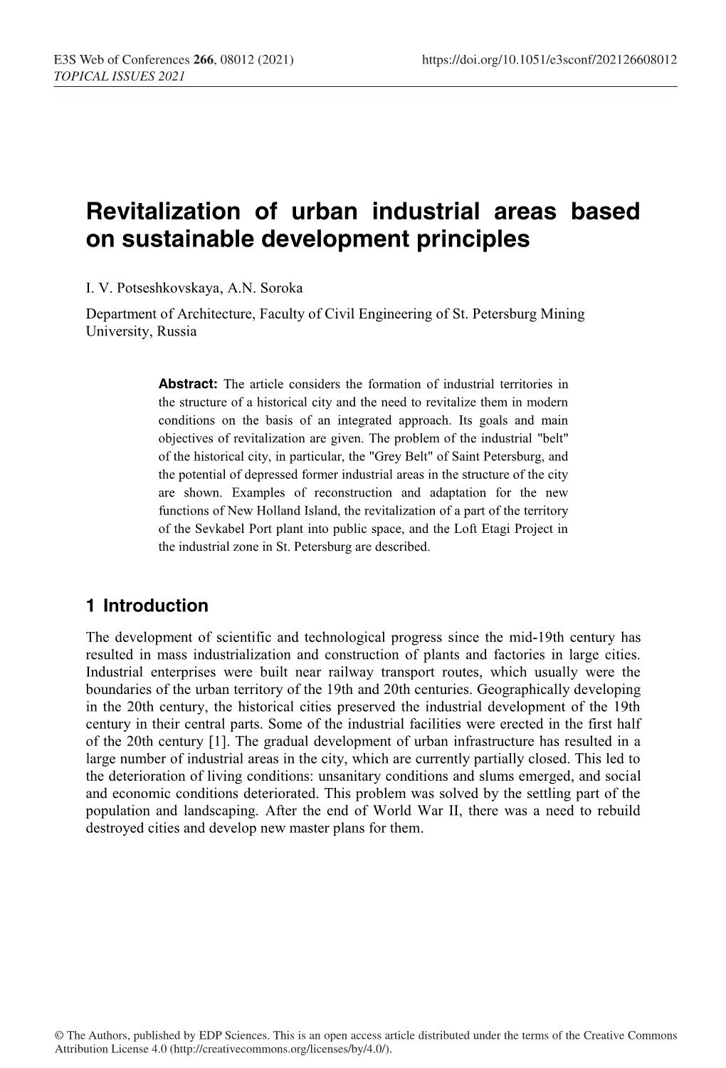 Revitalization of Urban Industrial Areas Based on Sustainable Development Principles