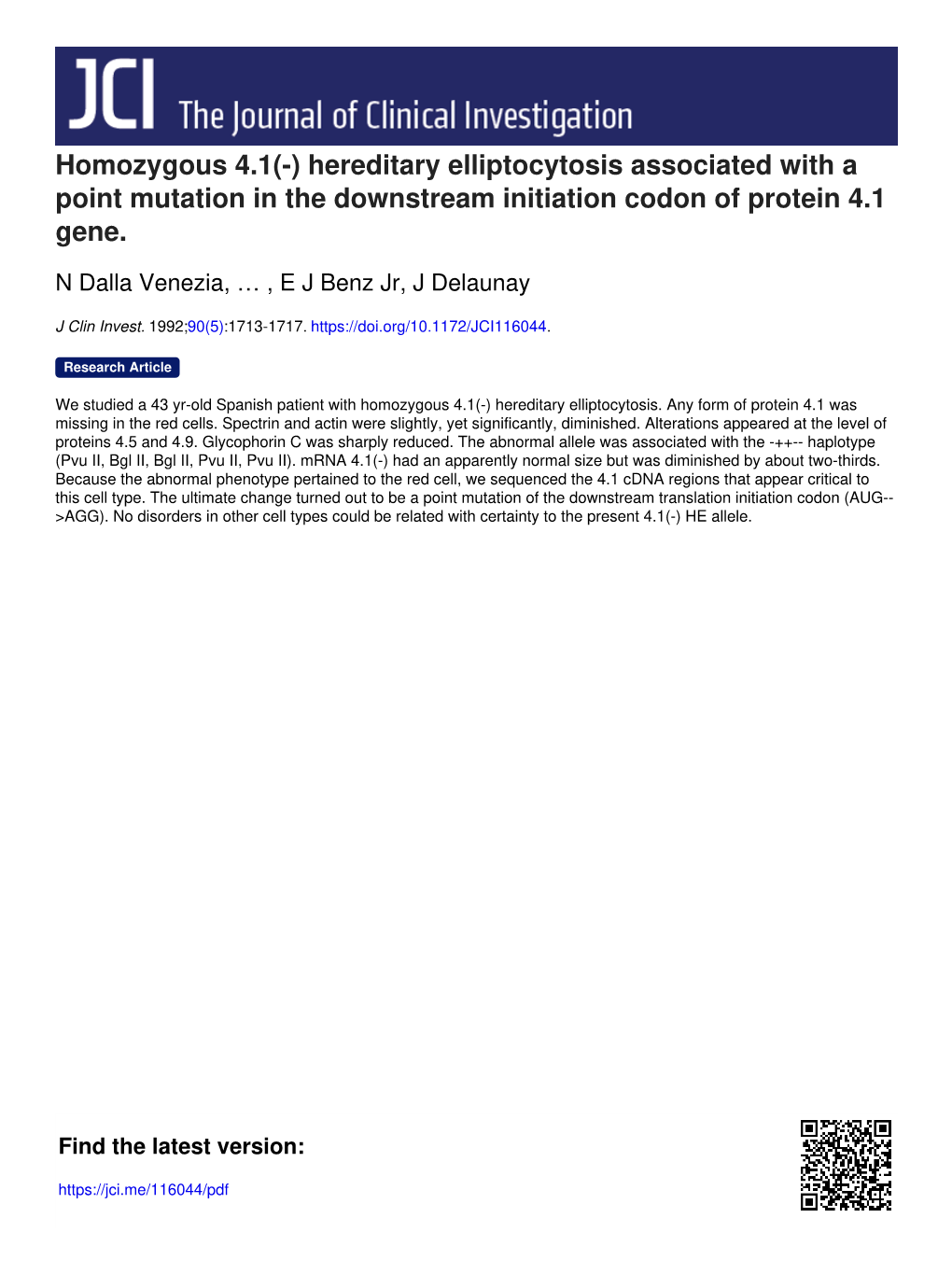 Homozygous 4.1(-) Hereditary Elliptocytosis Associated with a Point Mutation in the Downstream Initiation Codon of Protein 4.1 Gene