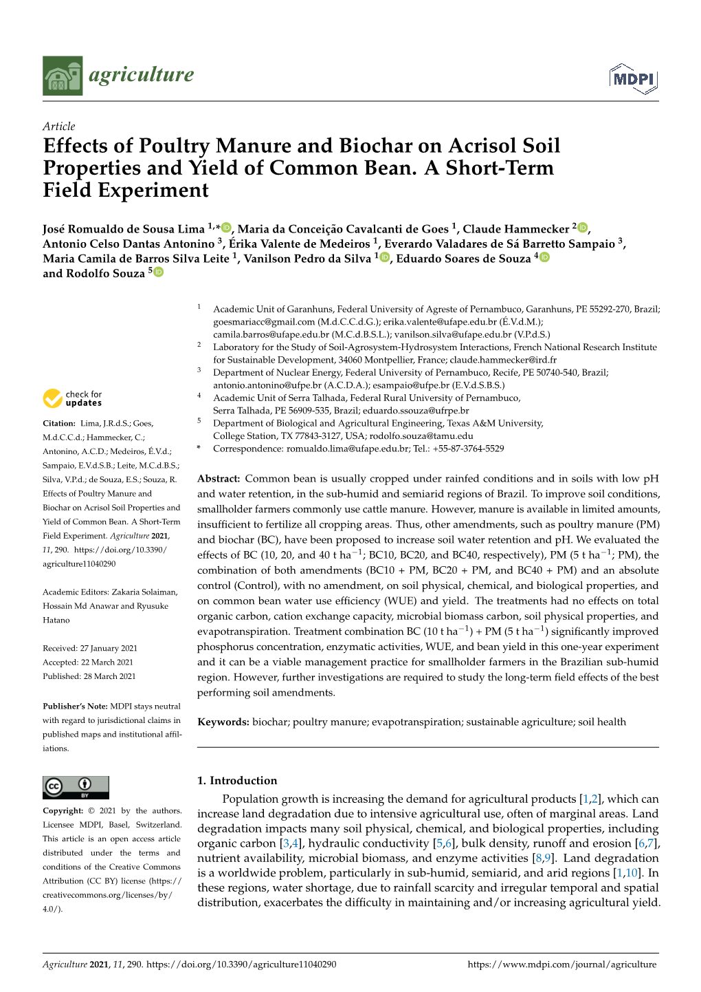 Effects of Poultry Manure and Biochar on Acrisol Soil Properties and Yield of Common Bean