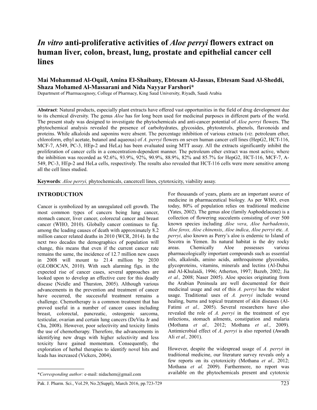 In Vitro Anti-Proliferative Activities of Aloe Perryi Flowers Extract on Human Liver, Colon, Breast, Lung, Prostate and Epithelial Cancer Cell Lines