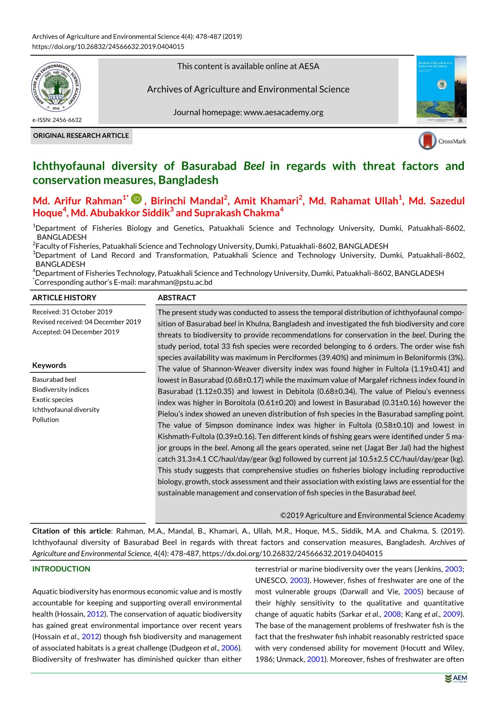 Ichthyofaunal Diversity of Basurabad Beel in Regards with Threat Factors and Conservation Measures, Bangladesh Md