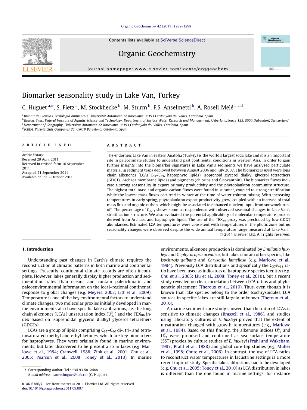 Biomarker Seasonality Study in Lake Van, Turkey ⇑ C