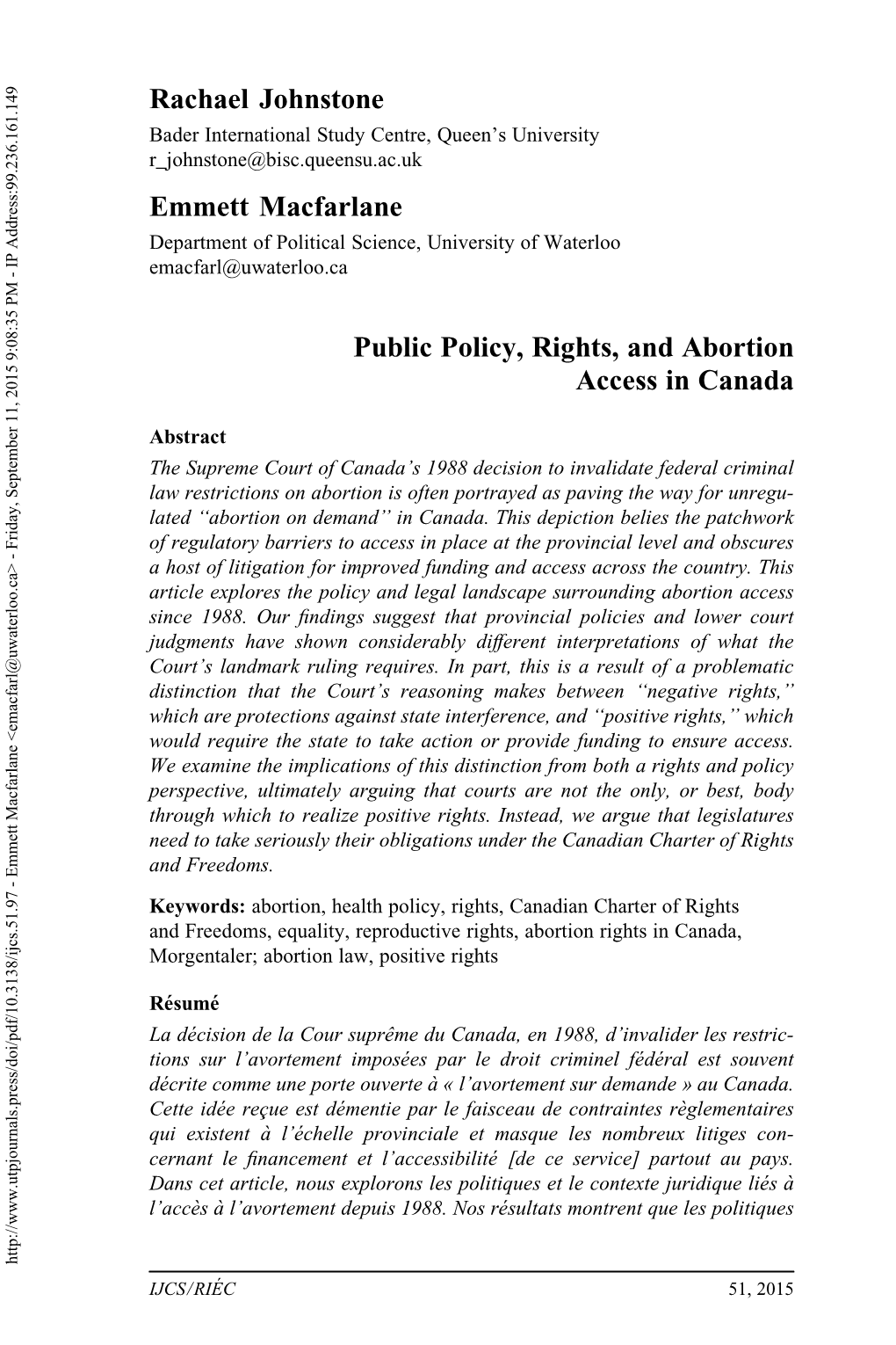 Public Policy, Rights, and Abortion Access in Canada