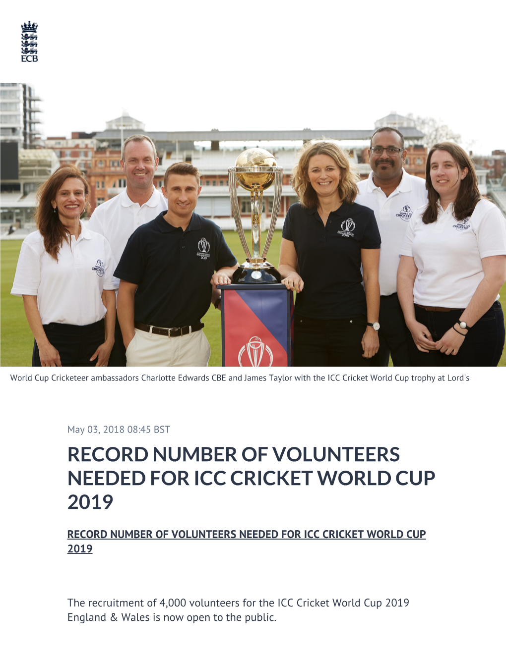 Record Number of Volunteers Needed for Icc Cricket World Cup 2019