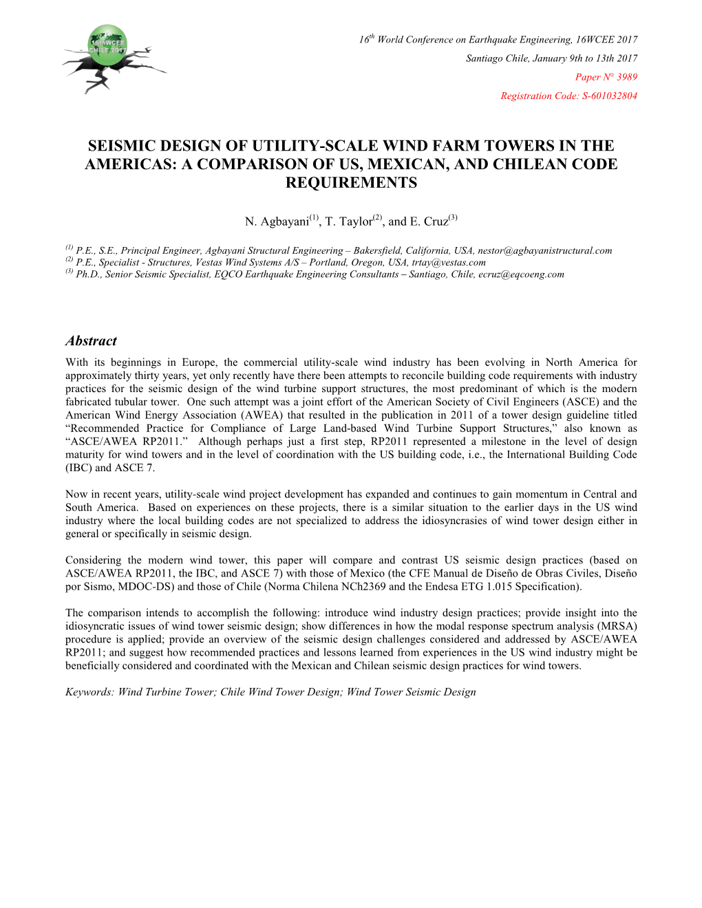 Seismic Design of Utility-Scale Wind Farm Towers in the Americas: a Comparison of Us, Mexican, and Chilean Code Requirements