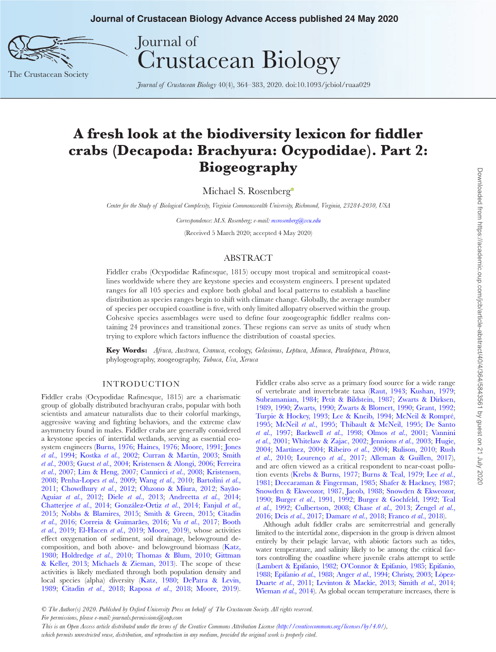 Crustacean Biology Advance Access Published 24 May 2020 Journal of Crustacean Biology the Crustacean Society Journal of Crustacean Biology 40(4), 364–383, 2020