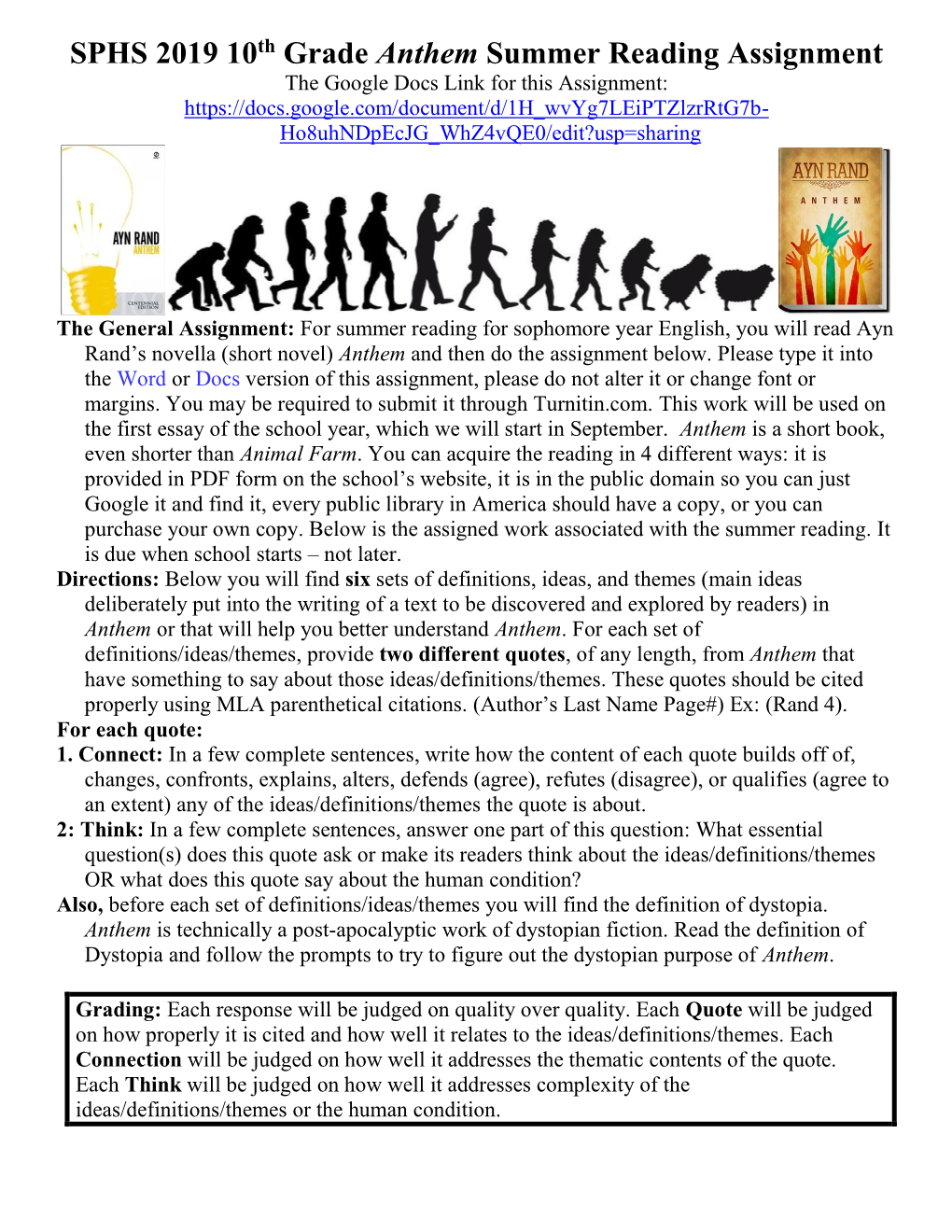 SPHS 2019 10Th Grade Anthem Summer Reading Assignment