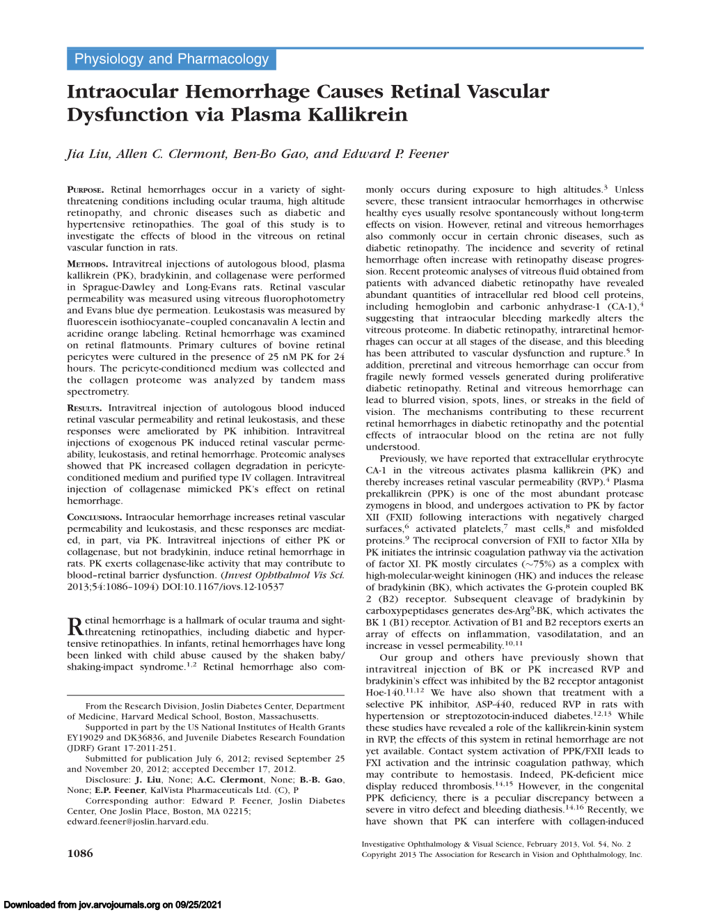 Intraocular Hemorrhage Causes Retinal Vascular Dysfunction Via Plasma Kallikrein