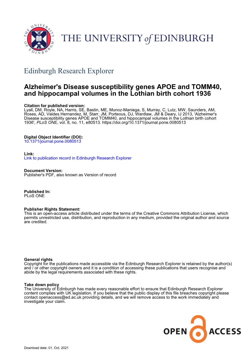 Alzheimer's Disease Susceptibility Genes APOE and TOMM40, and Hippocampal Volumes in the Lothian Birth Cohort 1936