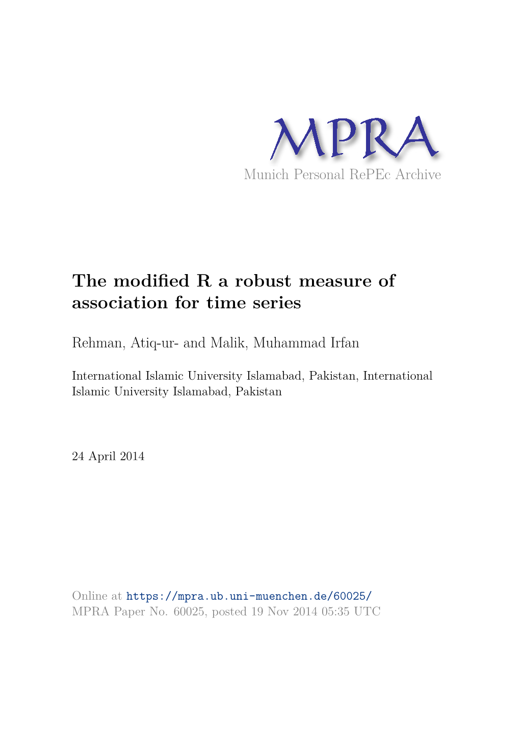 The Modified R a Robust Measure of Association for Time Series