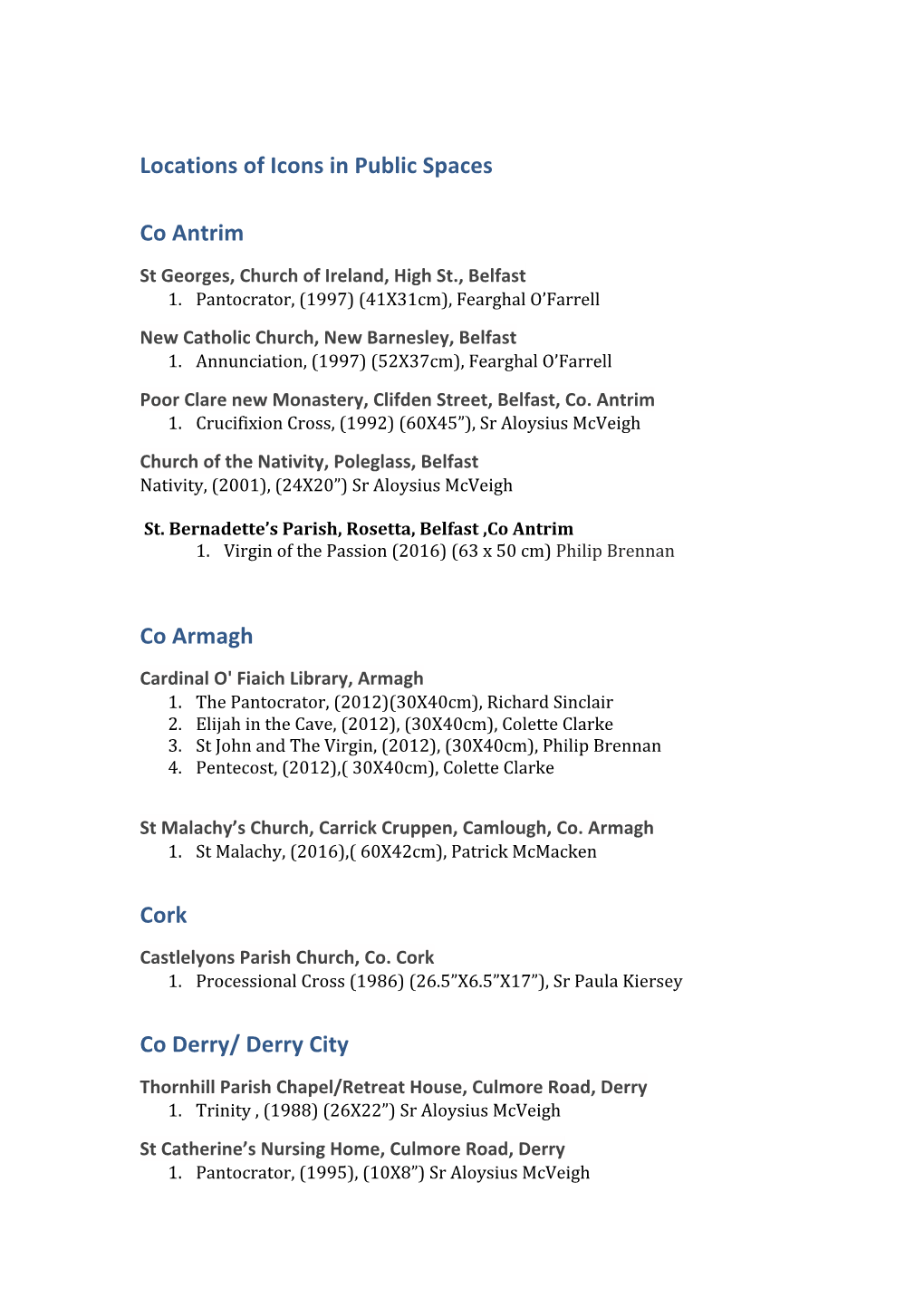 Locations of Icons in Public Spaces Co Antrim Co Armagh Cork Co Derry