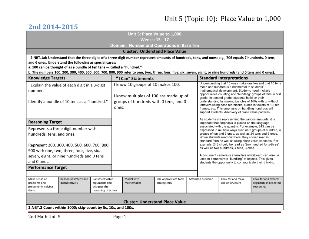 Unit 5 (Topic 10): Place Value to 1,000