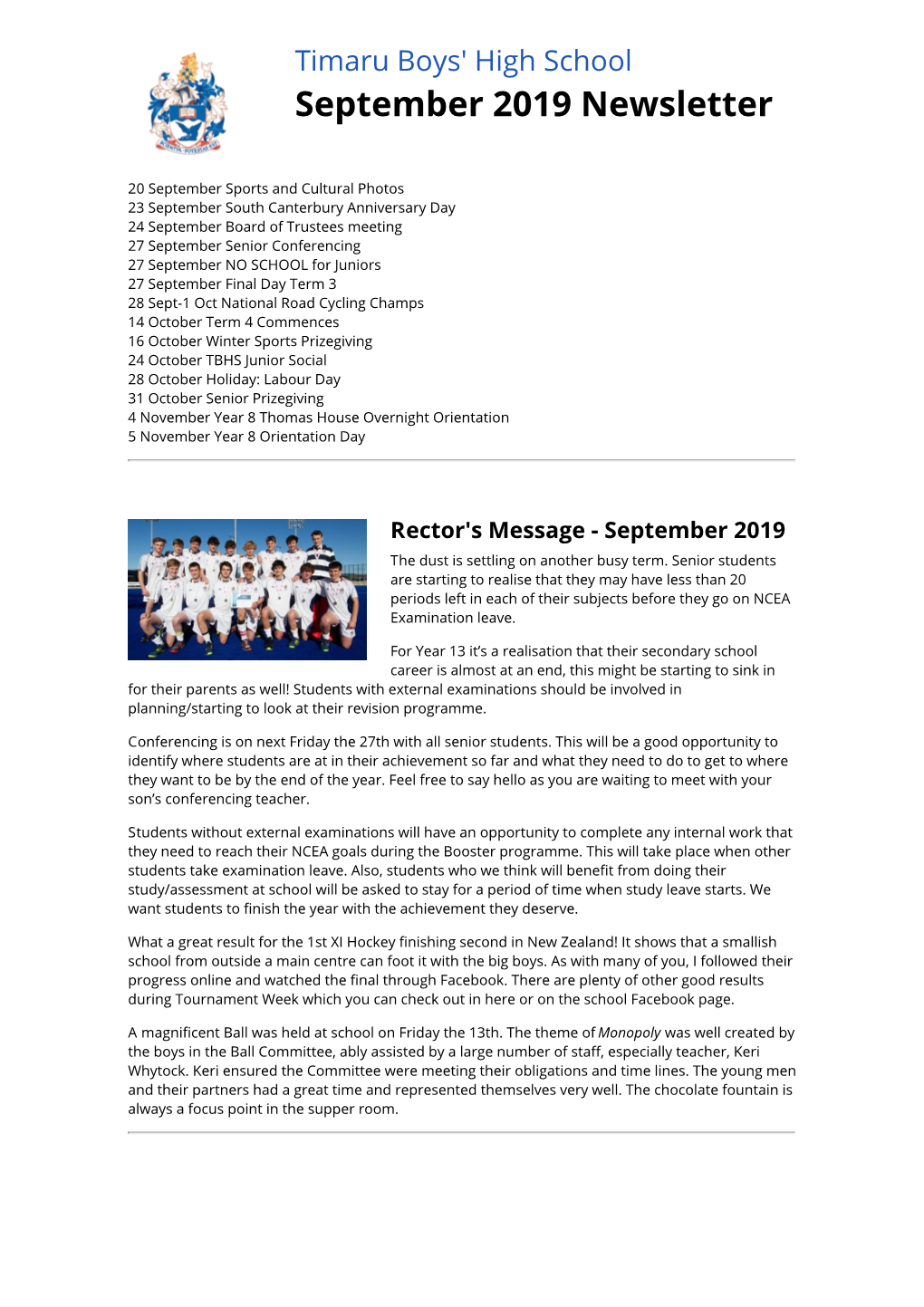 September 2019 Newsletter by Timaru Boys' High School
