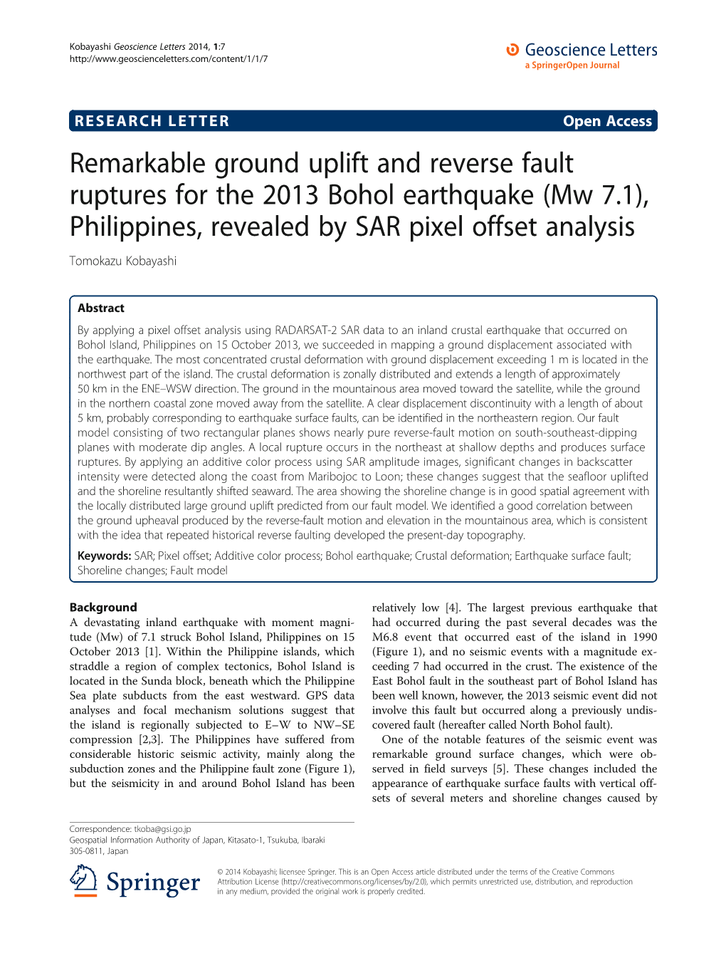 Remarkable Ground Uplift and Reverse Fault Ruptures for the 2013 Bohol Earthquake (Mw 7.1), Philippines, Revealed by SAR Pixel Offset Analysis Tomokazu Kobayashi