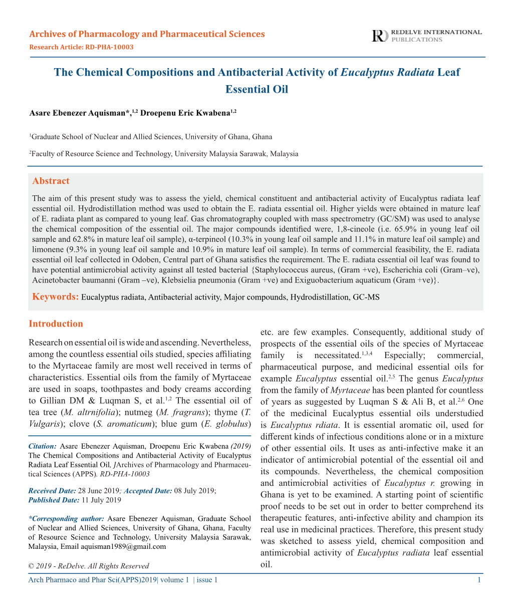 The Chemical Compositions and Antibacterial Activity of Eucalyptus Radiata Leaf Essential Oil