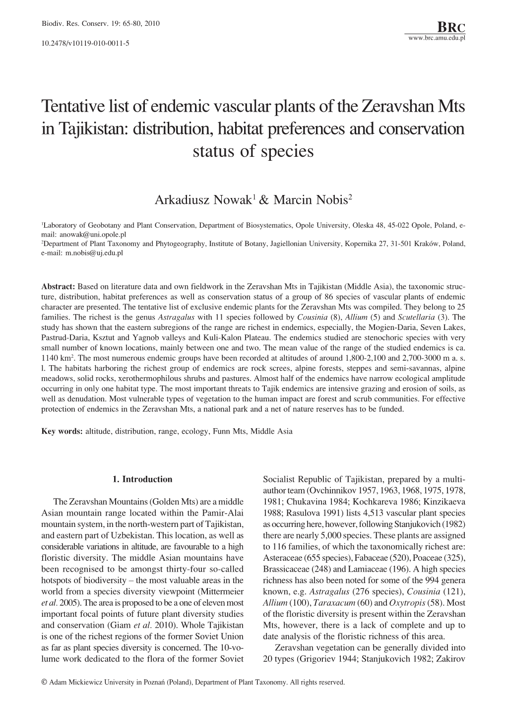 Tentative List of Endemic Vascular Plants of the Zeravshan Mts in Tajikistan: Distribution, Habitat Preferences and Conservation Status of Species