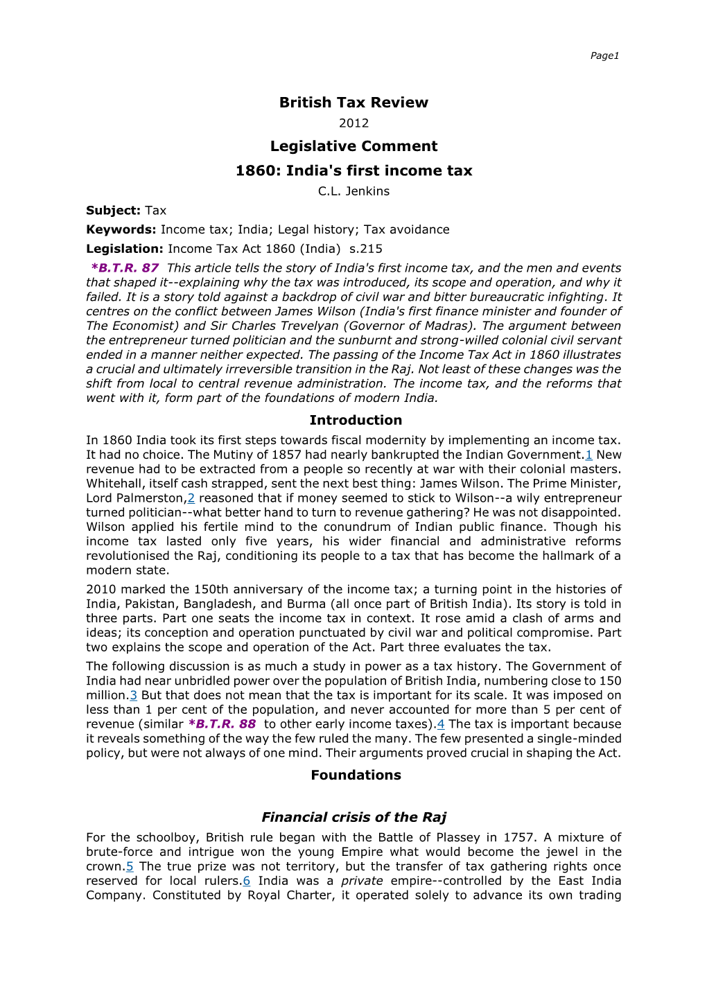 British Tax Review Legislative Comment 1860: India's First Income