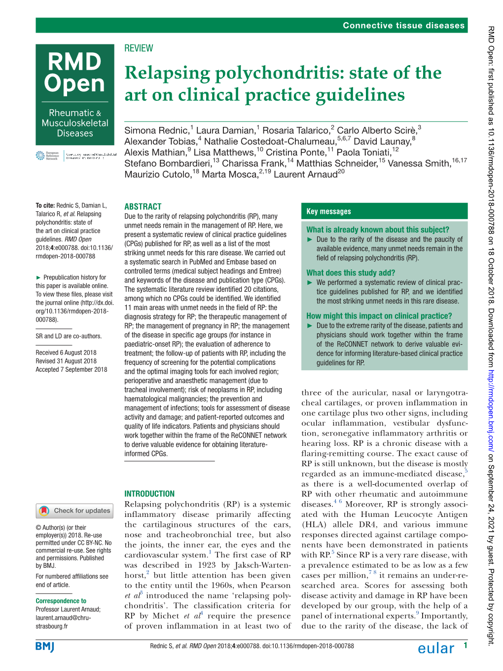 Relapsing Polychondritis: State of the Art on Clinical Practice Guidelines